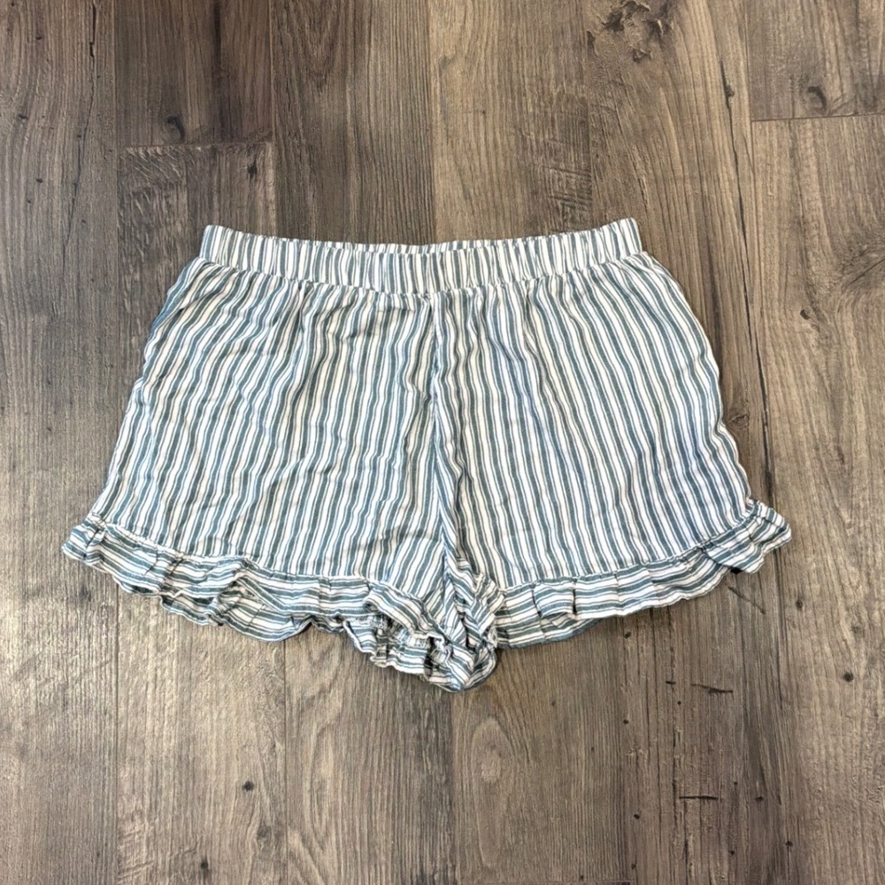 American Eagle Blue White Striped Ruffle Hem Shorts Womens Medium Viscose Casual